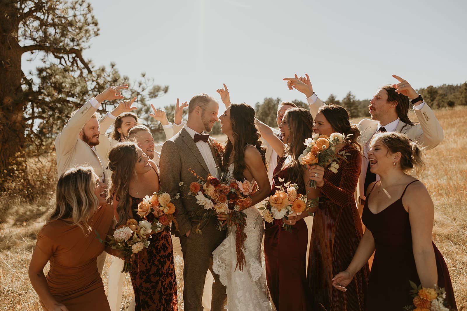 Bridal party photos at Elk Meadow during Evergreen fall wedding at Juniper Lodge & Treehouses.