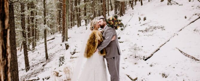 Jo & Josh's snowy wedding in Evergreen, Colorado at Juniper Lodge & Treehouses.
