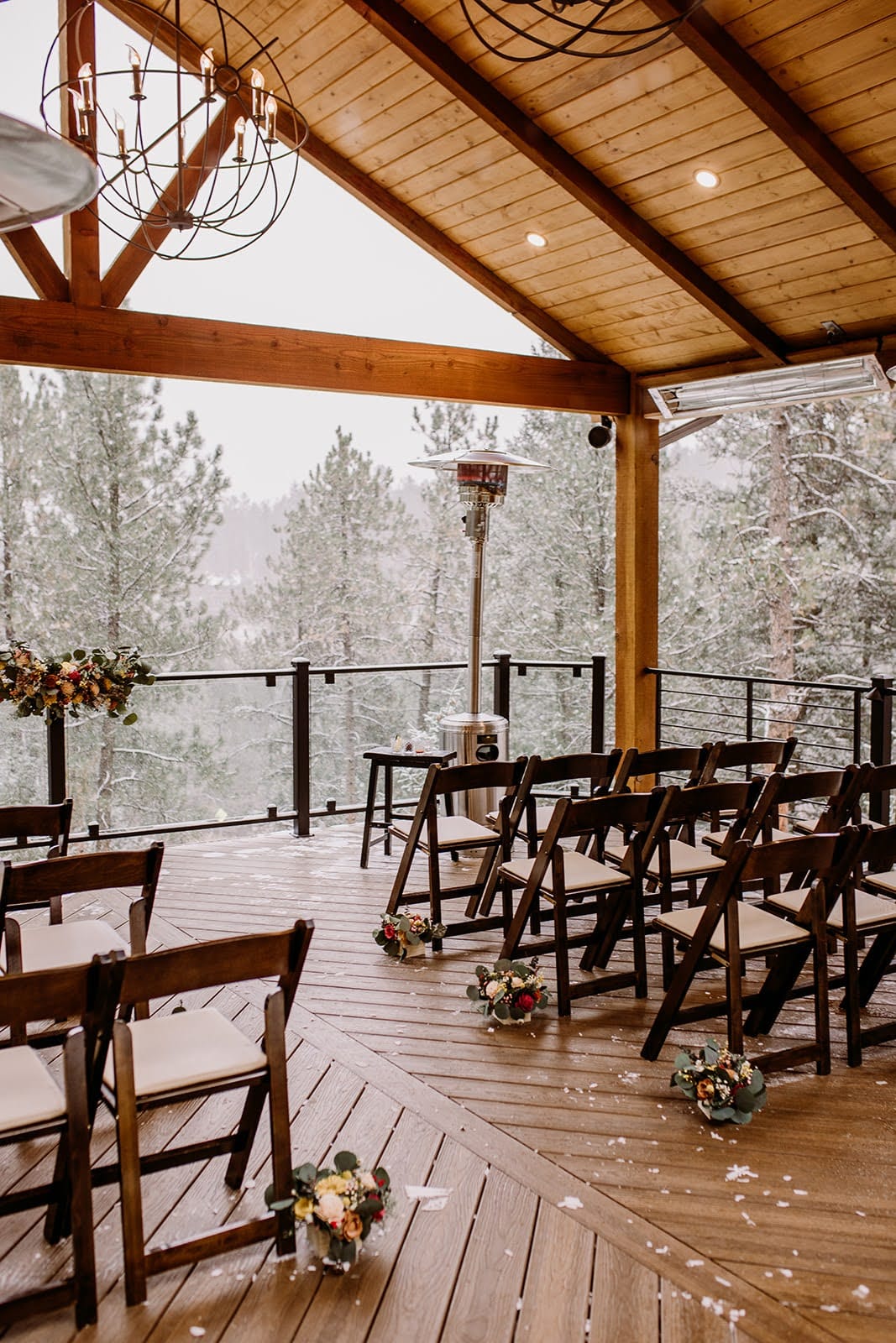 Jo & Josh snowy Colorado wedding on the Mountain View Deck at Juniper Lodge & Treehouses.