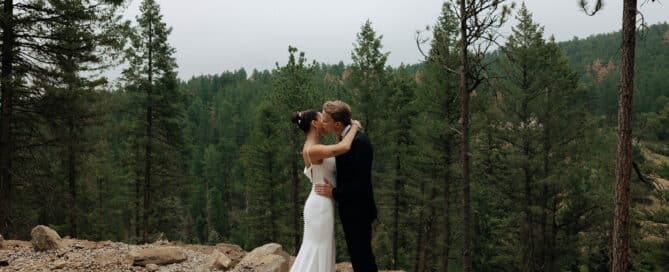 Couple portraits at Juniper Lodge during Evergreen mountain wedding.