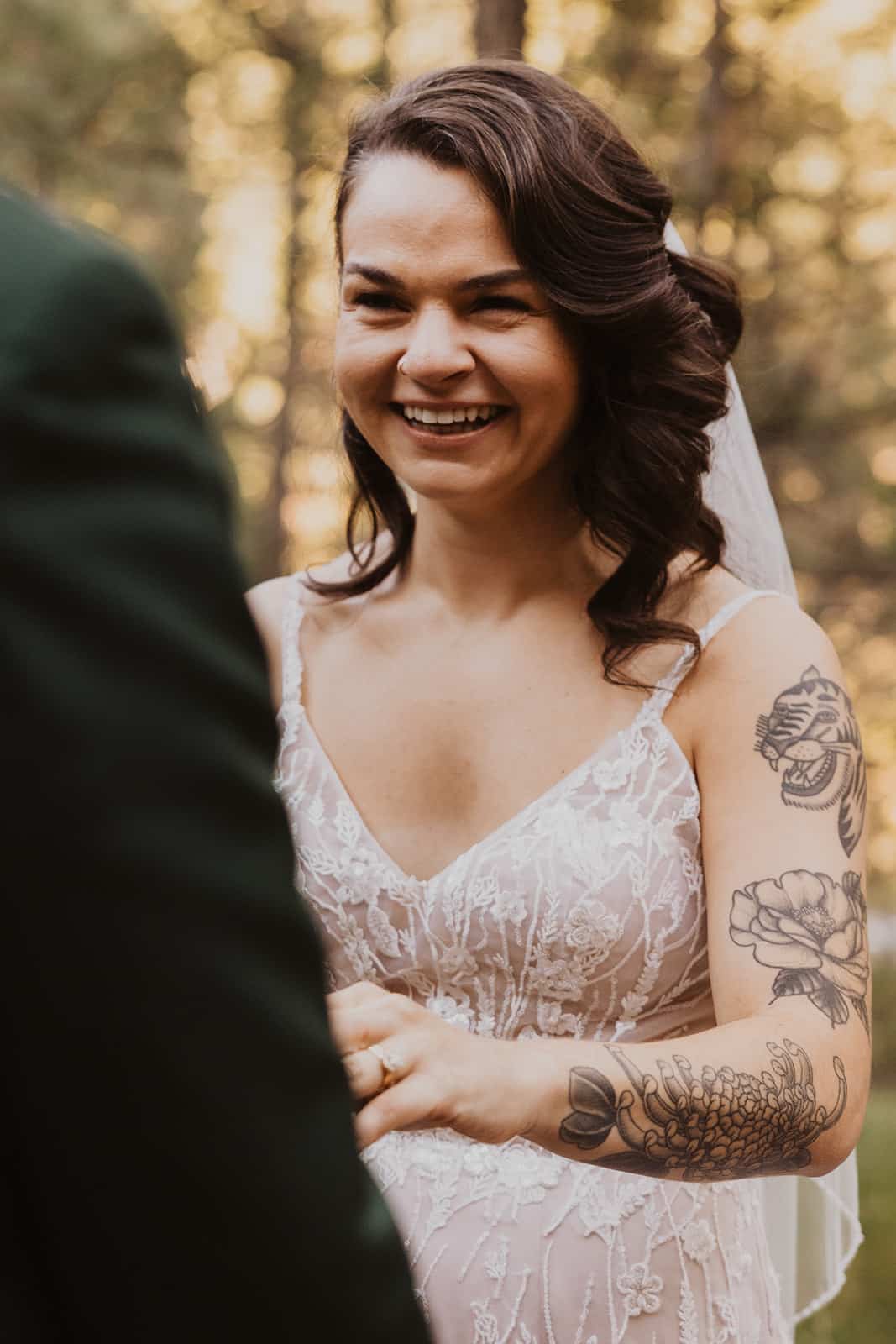 Golden-hour meadow ceremony at Evergreen wedding at Juniper Lodge & Treehouses.