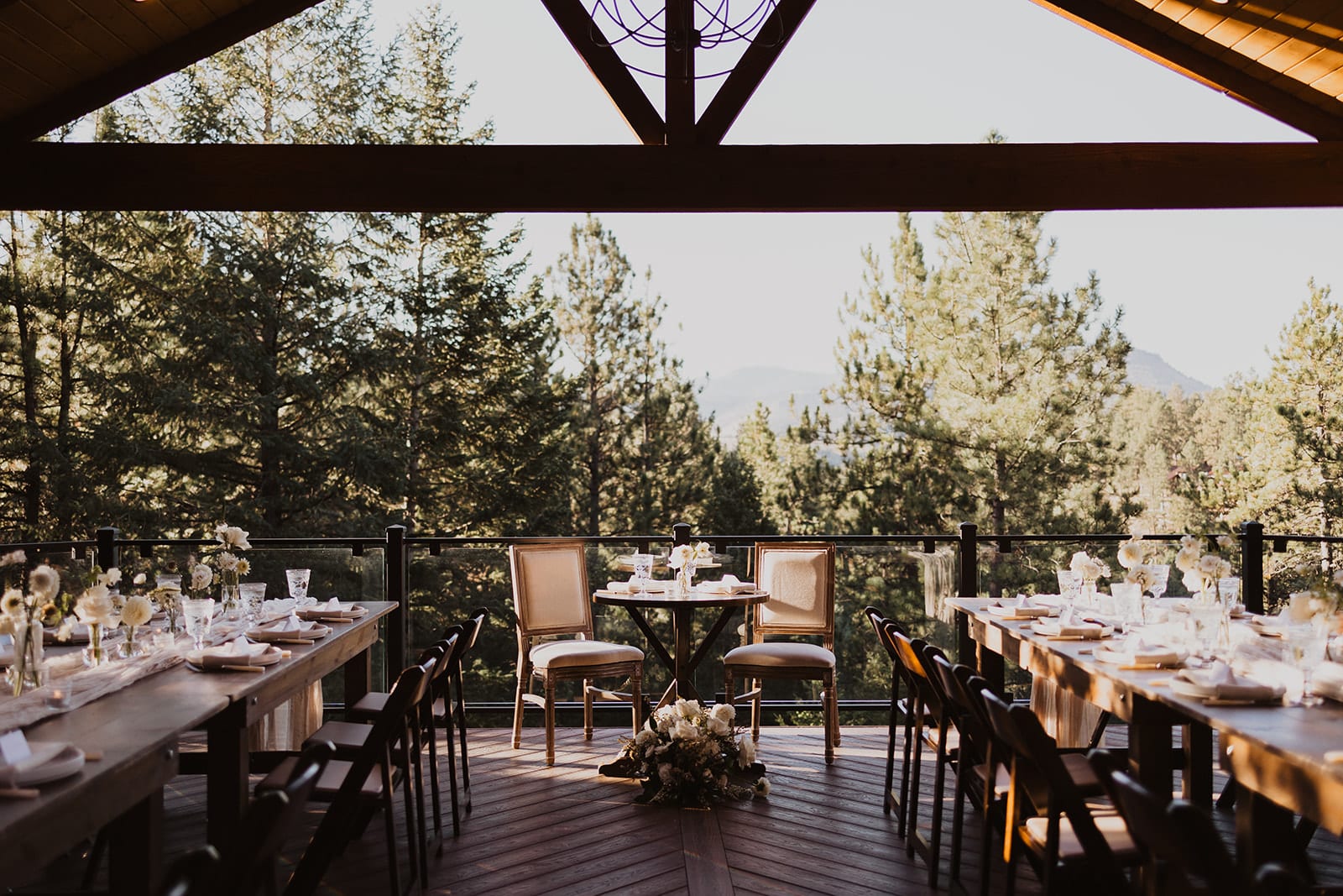 Dinner setup on Mountain View Deck at Juniper Lodge & Treehouses.