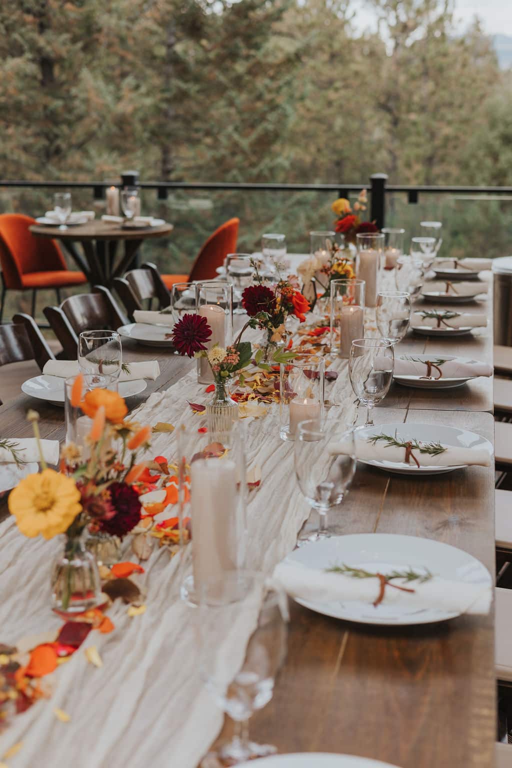 Dinner and dancing on the Mountain View Deck during Evergreen autumn wedding.
