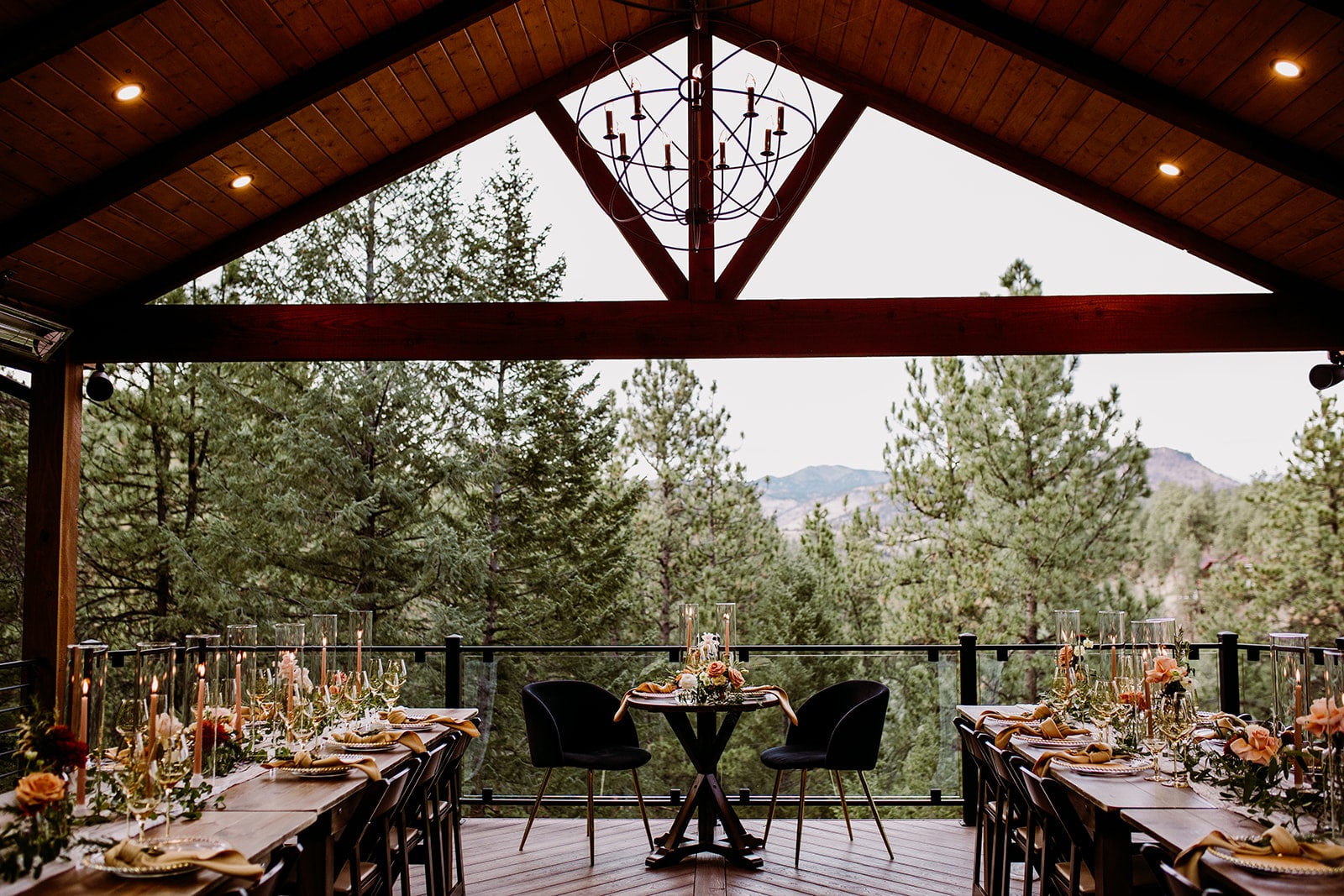 Romantic fall dinner wedding reception at Juniper Lodge & Treehouses in Evergreen, Colorado.