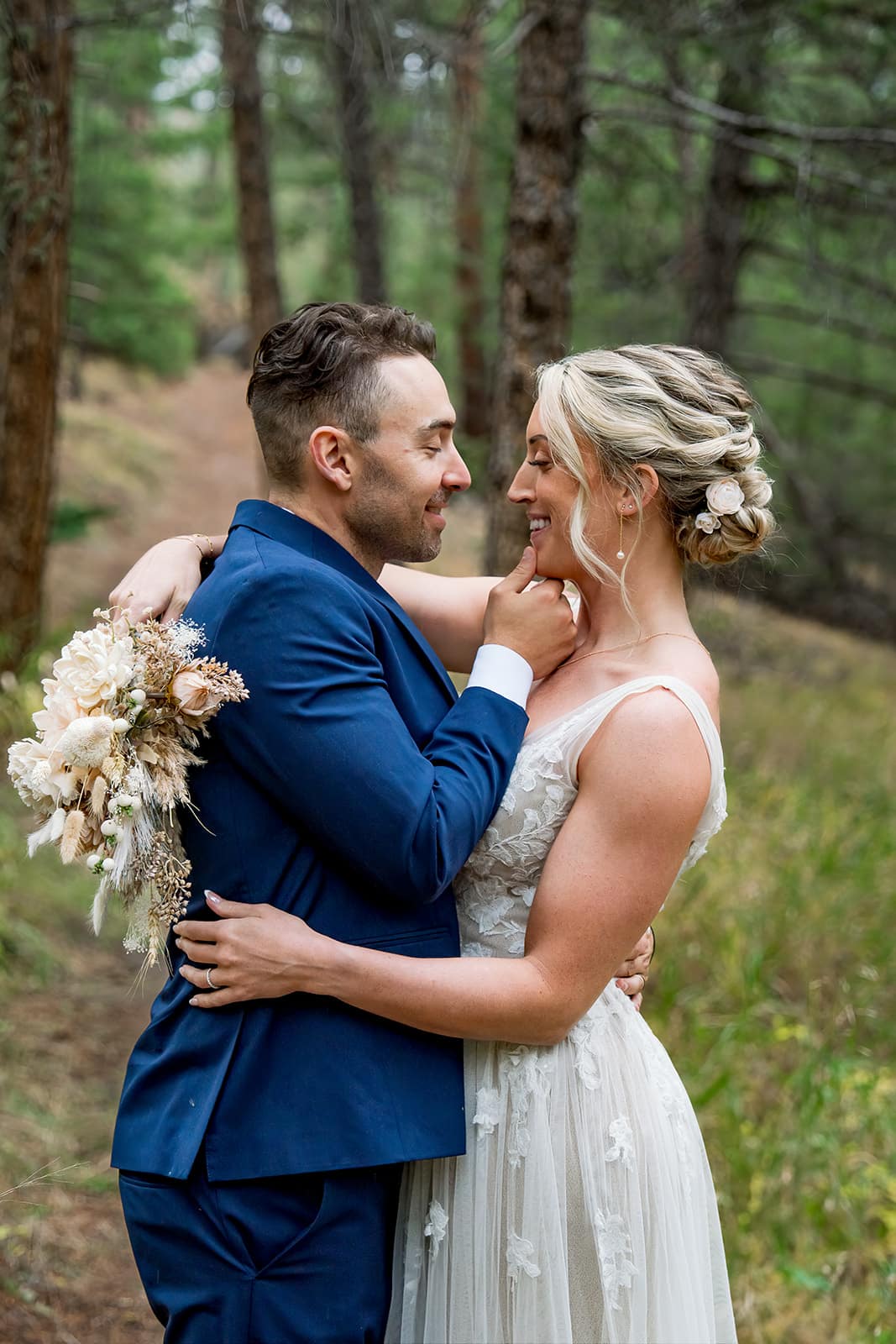 Bride and groom during their fall mountain wedding at Juniper Lodge & Treehouses