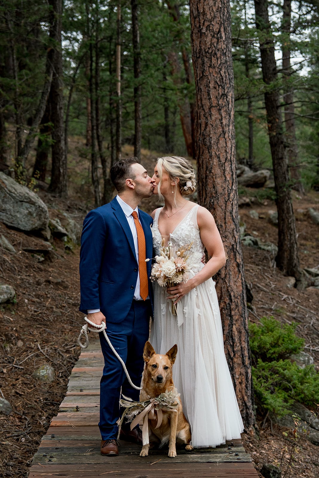 Bride and groom during their fall mountain wedding at Juniper Lodge & Treehouses