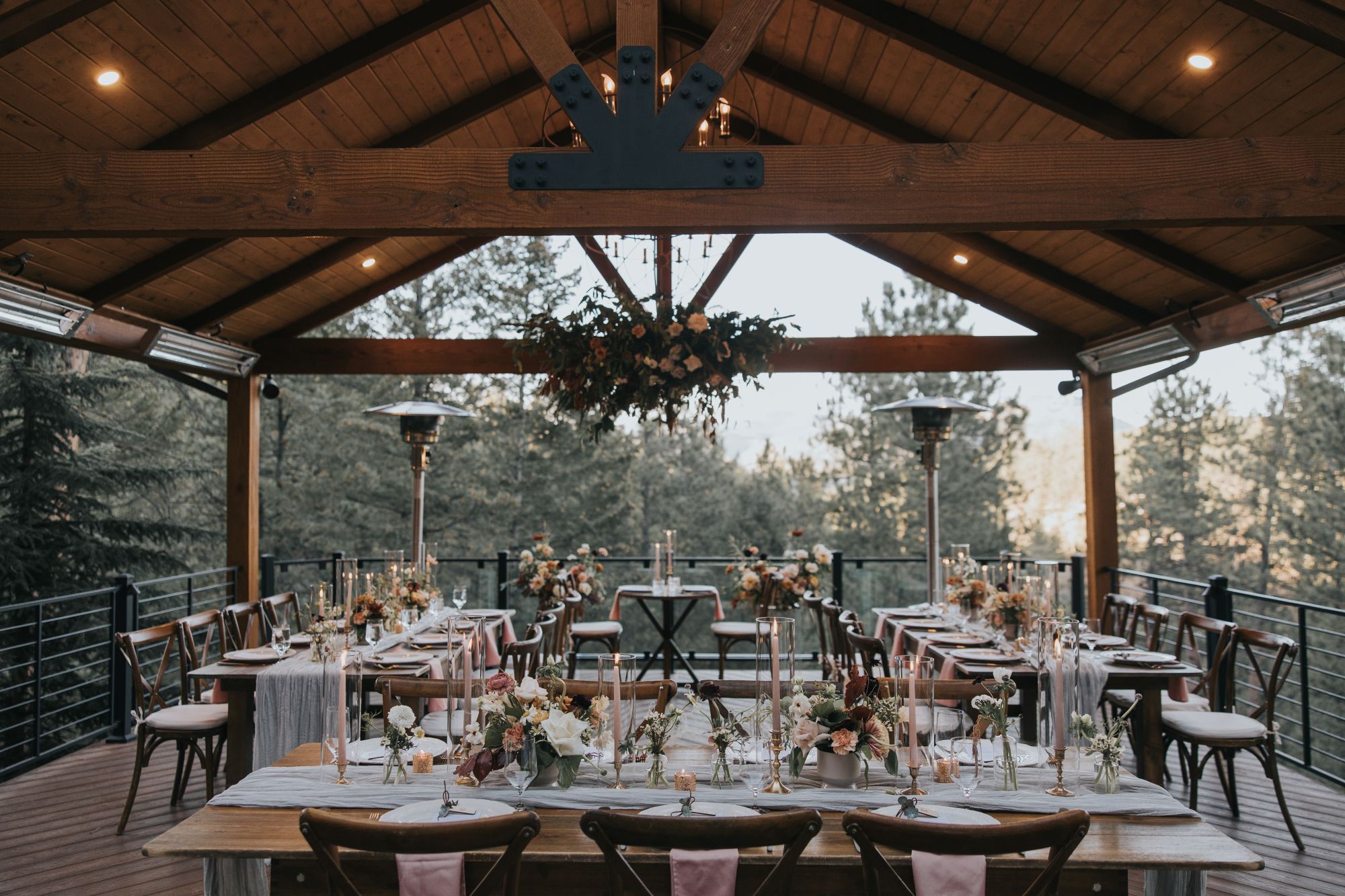 Micro wedding reception on the Mountain View Deck at Juniper Lodge & Treehouses in Evergreen, Colorado